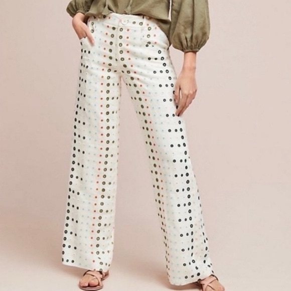 Anthropologie Ett:twa White Linen Colorful Eyelet Wide-Leg Trousers Pants Size 2 - Picture 2 of 10
